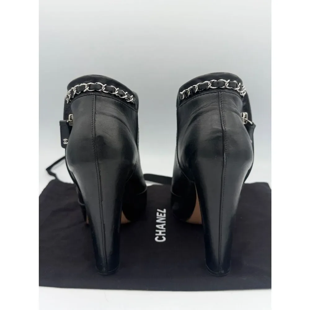 Chanel Black Leather Chain Details Ankle Booties US 8